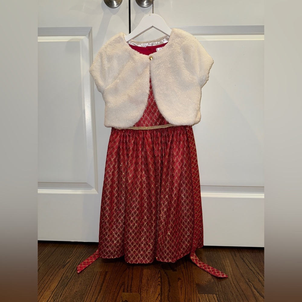 Red holiday Dress Cream Faux Fur Bolero size 7/8 girls gold threading Christmas